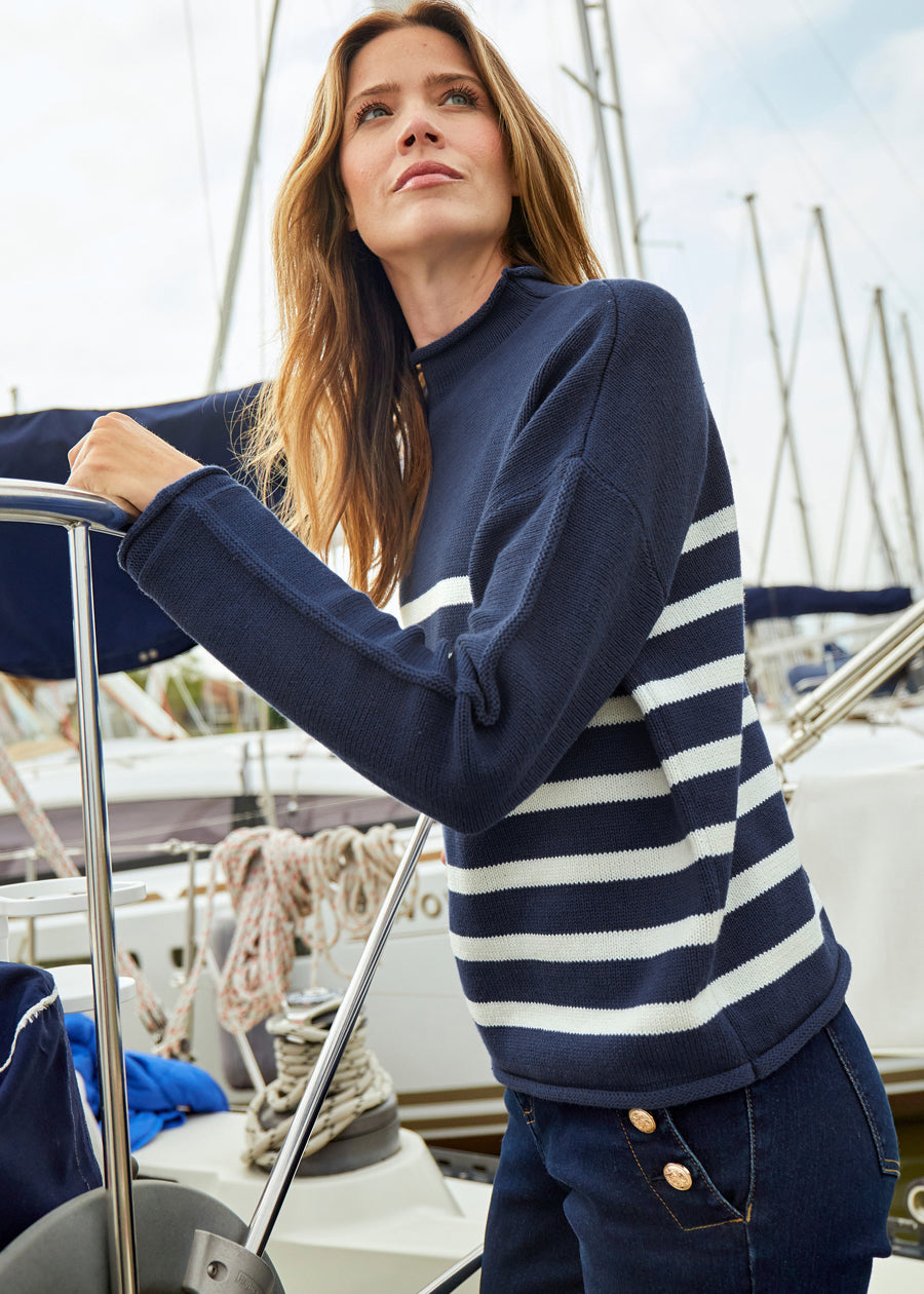 Cotton Blend Funnel Neck Sweater
