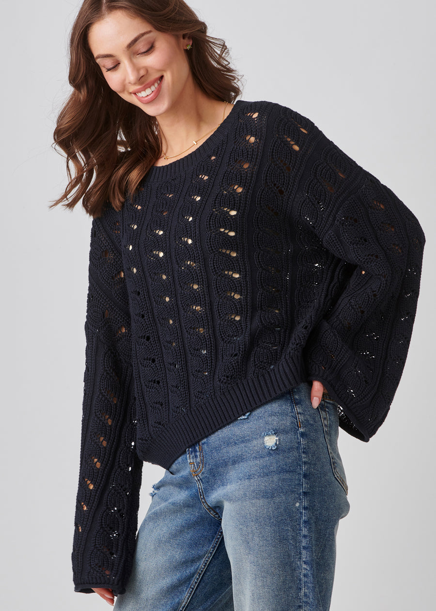 Cotton Blend Boxy Lace Stitch Pullover