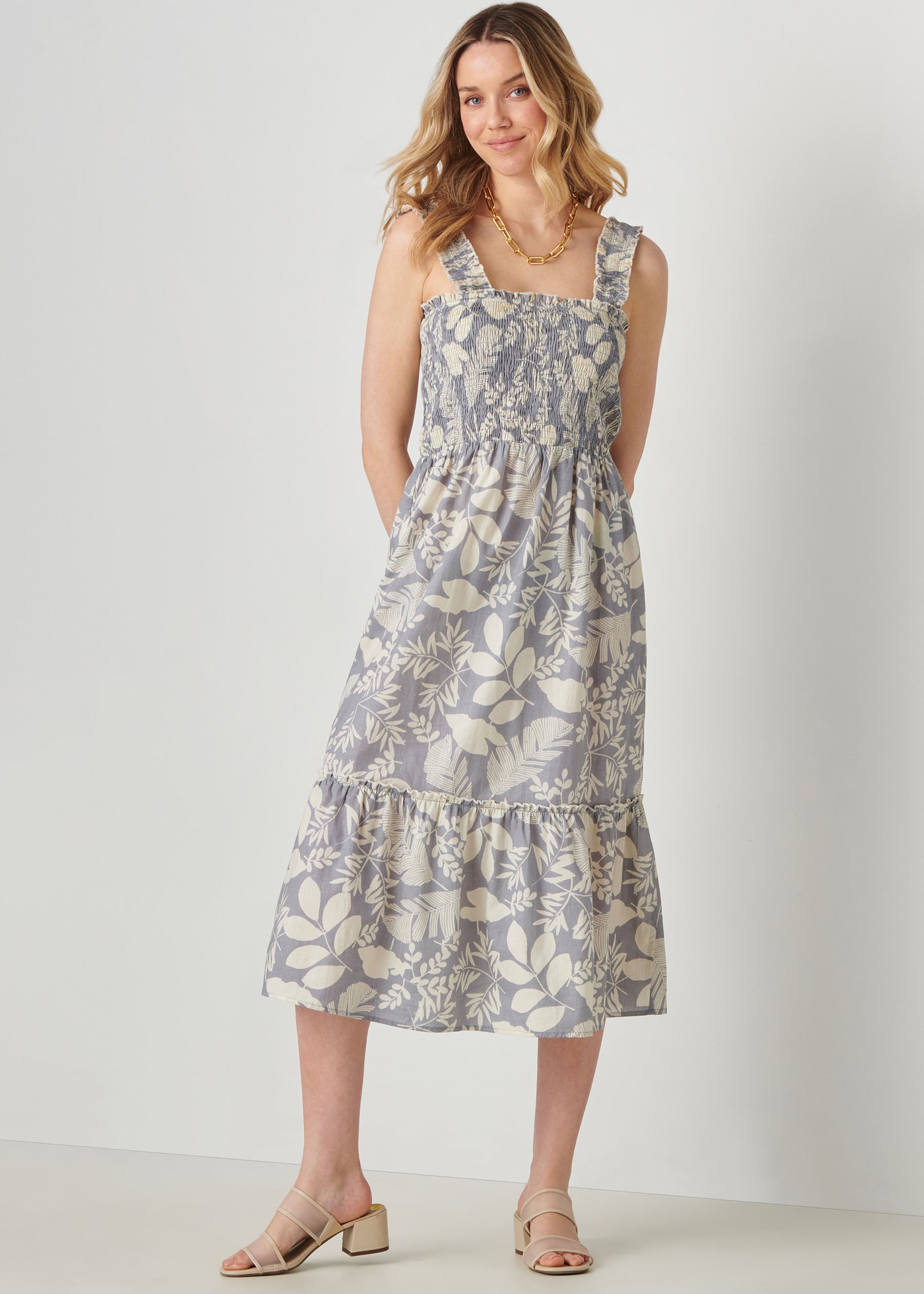 Botanical Print Cotton Midi Dress